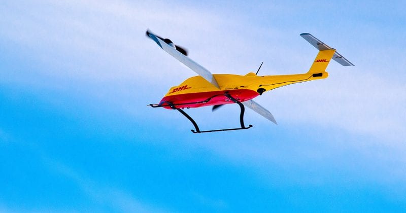 DHL’s Parcelcopter against a blue sky