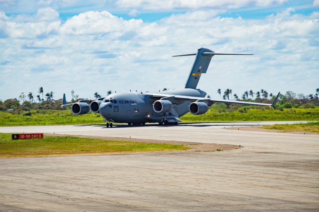 A U.S. Air Force plane lands at Beira Airport, Mozambique.