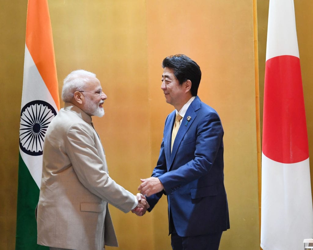 Indian Prime Minister Narendra Modi in a bilateral meeting with the Prime Minister of Japan Shinzo Abe in Osaka, Japan on June 27, 2019