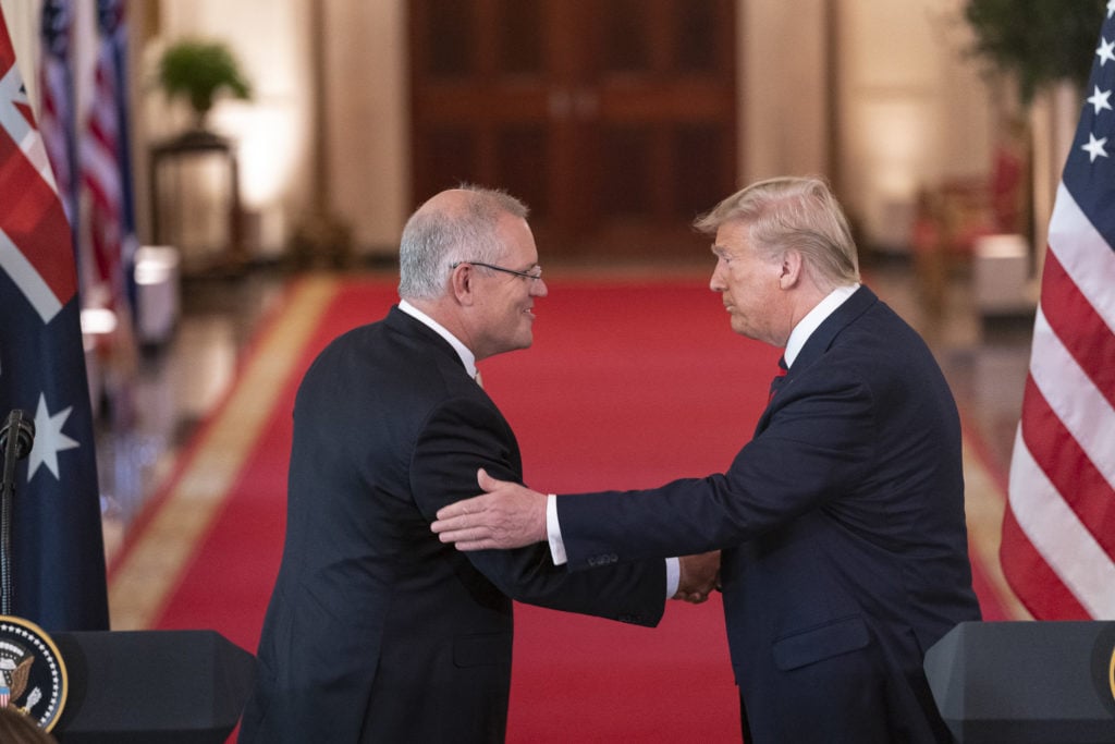 Australian PM Scott Morrison (left) shaking hands with U.S. President Donald Trump 