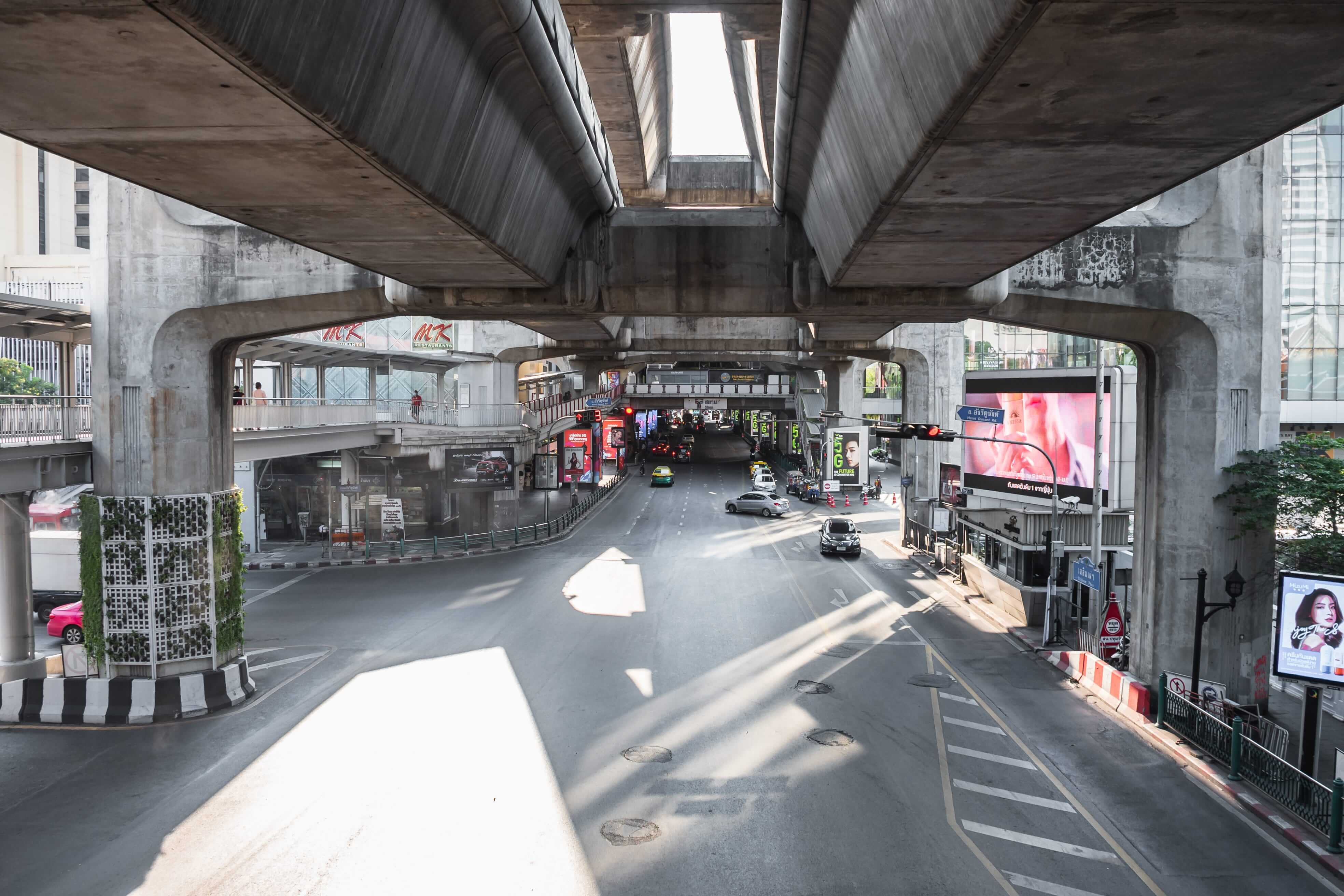 An empty road in downtown Bangkok after the closure of shopping malls to stem the Covid-19 outbreak in March 2020 (Photo: Shutterstock)