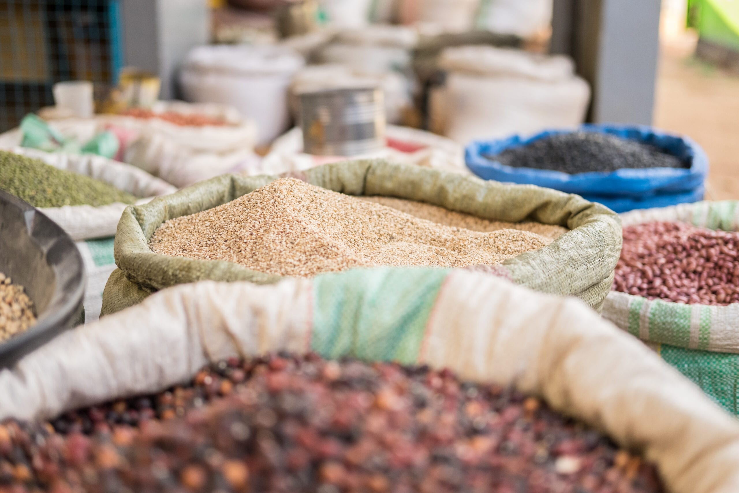 Sacks of grains, including maize, on sale in Busia market, Kenya (Photo: Shutterstock)