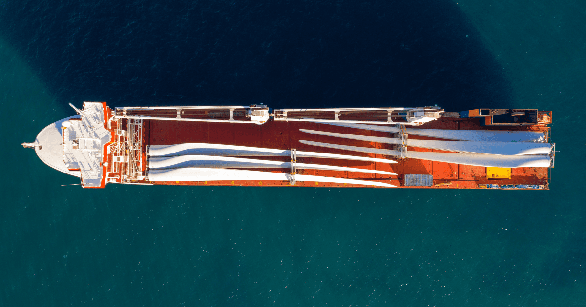 Wind turbines being transported via breakbulk carrier.