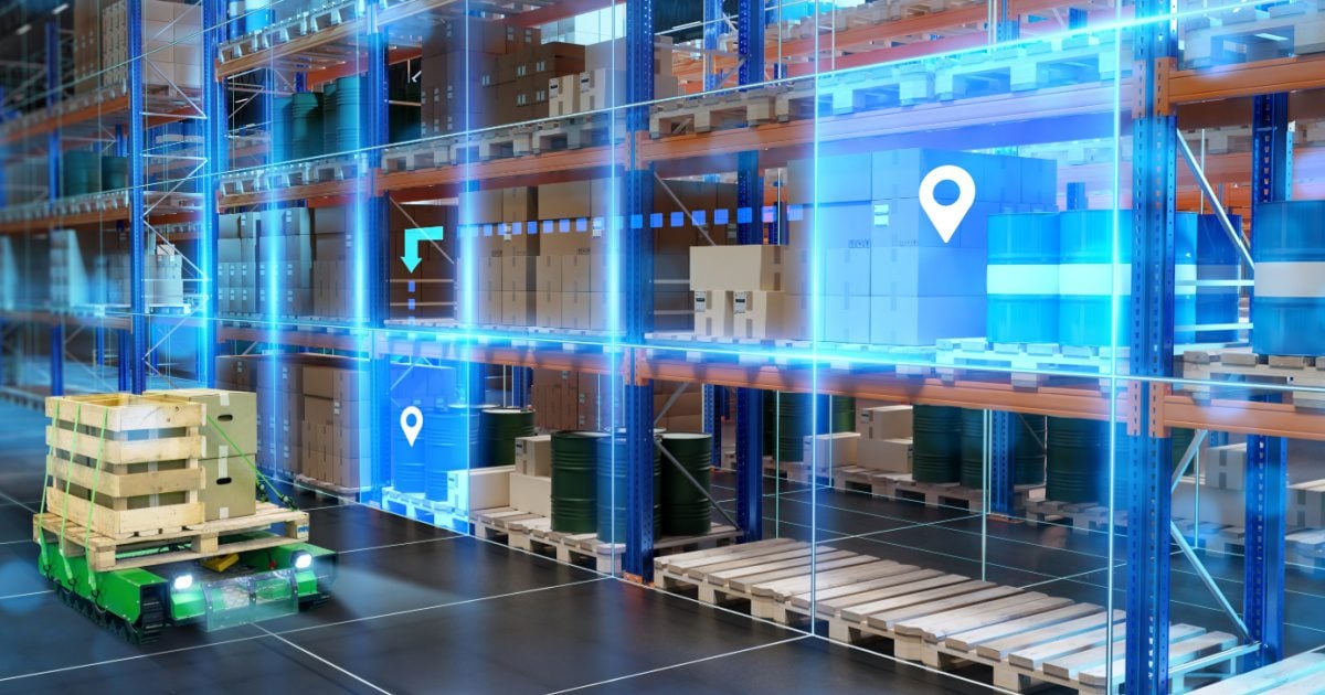 A composite image showing an automated pallet trolley in a warehouse, with technology related iconography overlayed on the image.